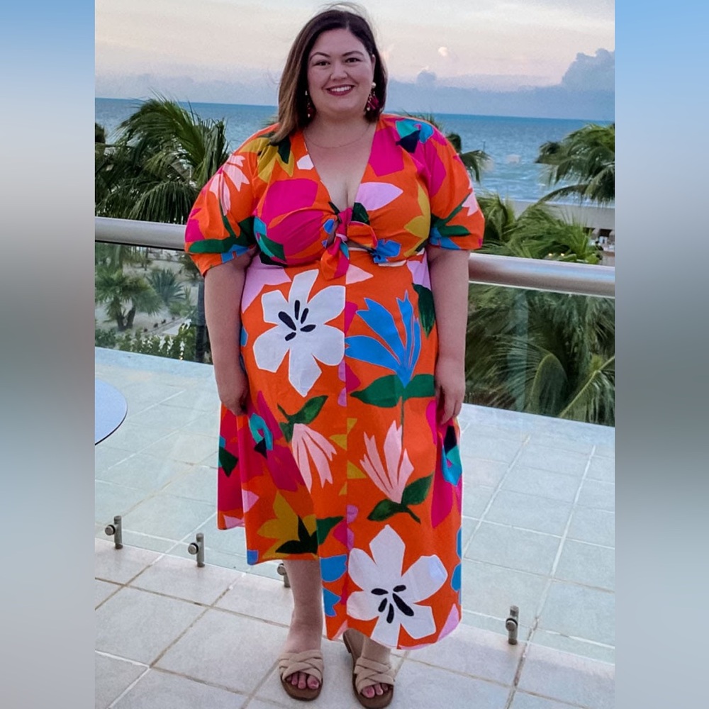Eloquii Orange Puff Sleeve Colorful Floral Maxi Boardwalk Bloom Dress Size 16 - Picture 8 of 8